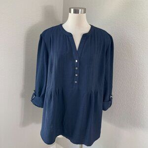 Cocomo Woman Plus 3X Navy Blue Blouse Pleated Tunic Top Roll Tab Sleeve